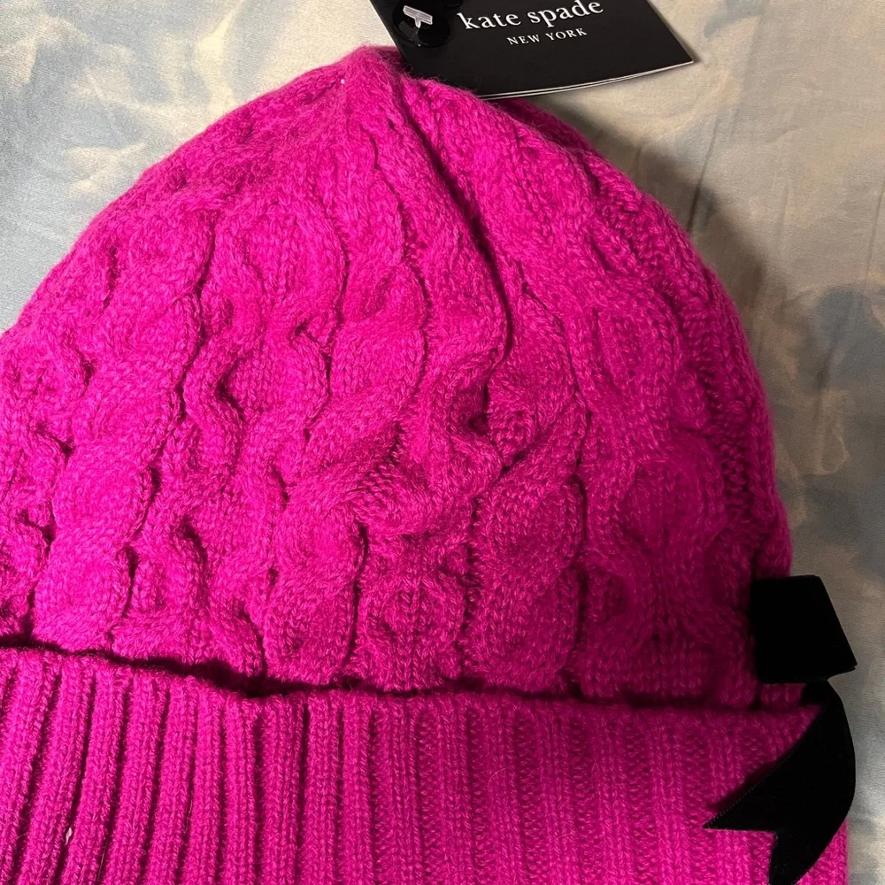 Kate Spade Fuchsia Cable Knit Beanie with Black Bow - Picture 3 of 3